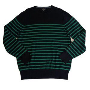 Brooks Brothers Sweater Men’s 100% Cotton Green Blue Stripe Size Large EUC